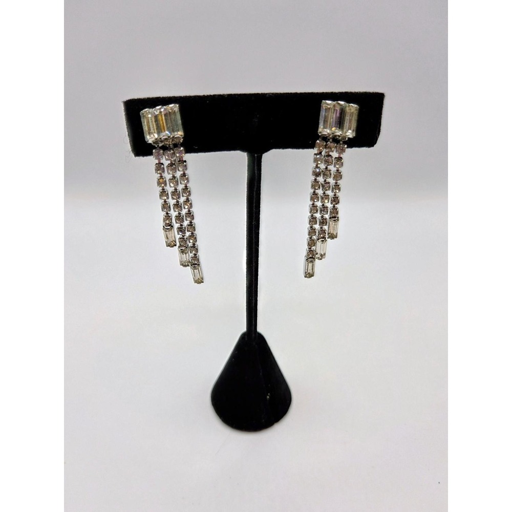 Vintage Silver Tone Rhinestone Dangle Earrings Rectangular Top Crystal Fringe